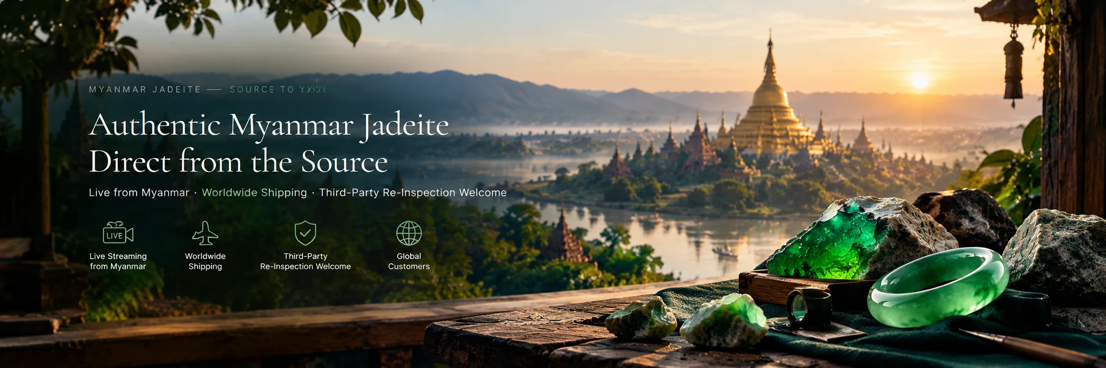 Myanmar jadeite source landscape with jade pieces and golden pagoda at sunrise