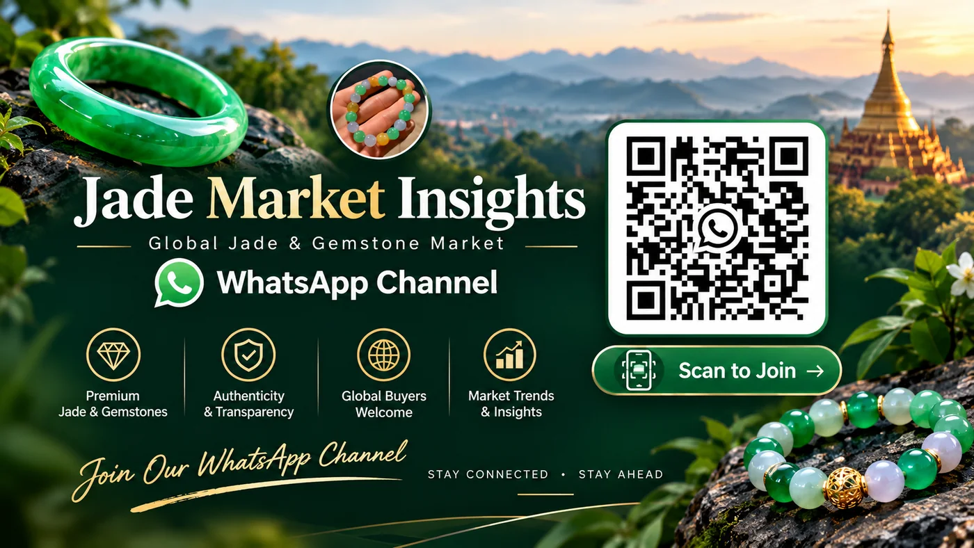 Jade market insights banner with green jadeite bangle, jade bead bracelet and WhatsApp channel